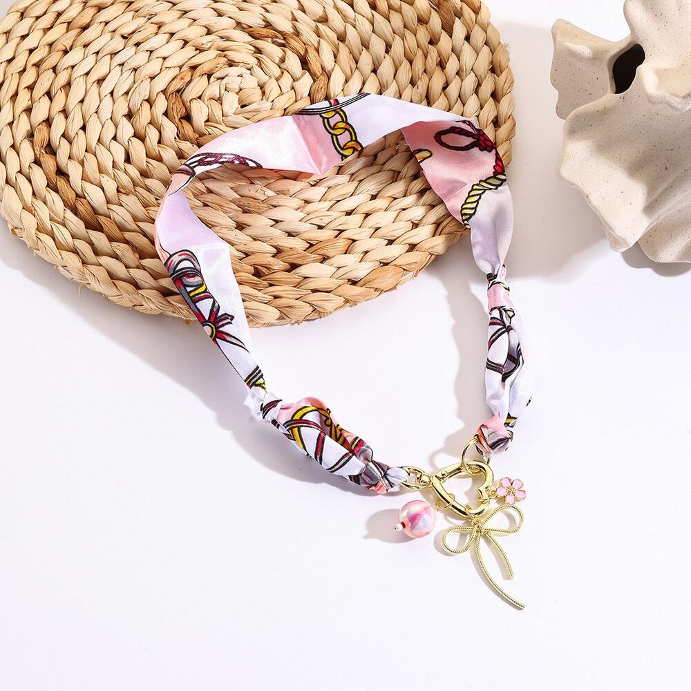 Pink Scarf Necklace Bow Charm Heart Pendant Coquette Statement Necklace NIB